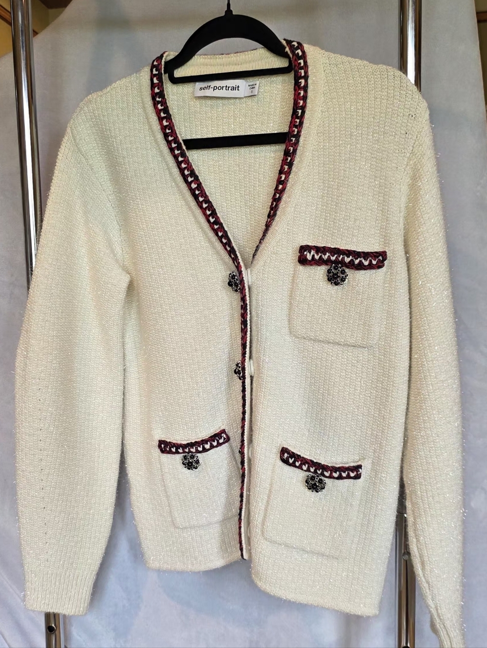 Self-Portrait Textured Knit Cardigan with Trim Detail